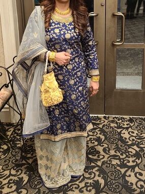 Embroidered Navy Blue and Gold Sharara Suit